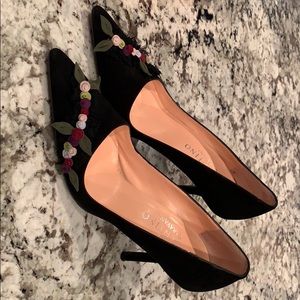 Valentino suede pumps w/floral and lace detail.